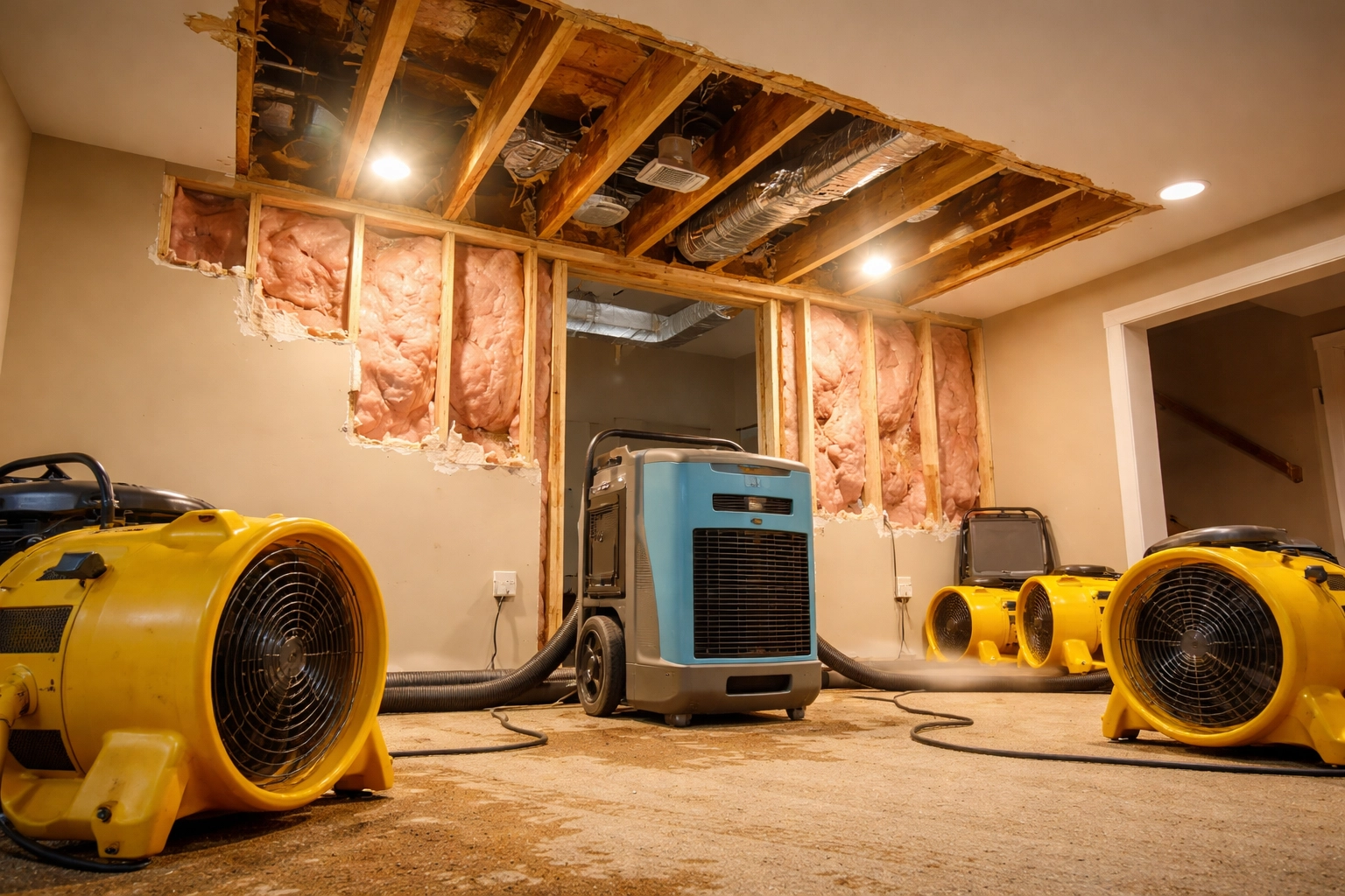 Industrial drying equipment set up in a home for water damage restoration, preventing mold after a ceiling leak