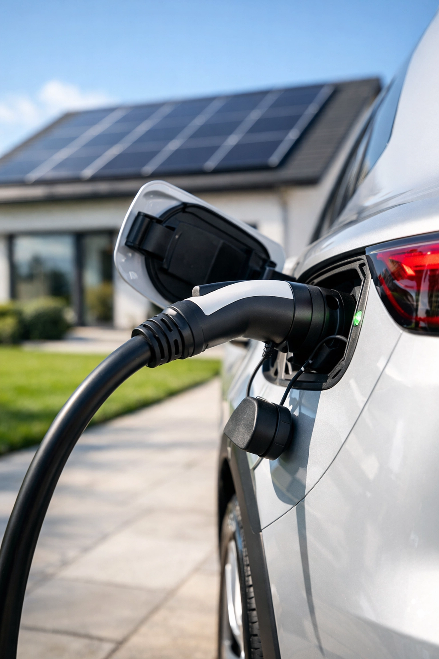 Electric vehicle charging at a modern home powered by rooftop solar panels and battery storage.