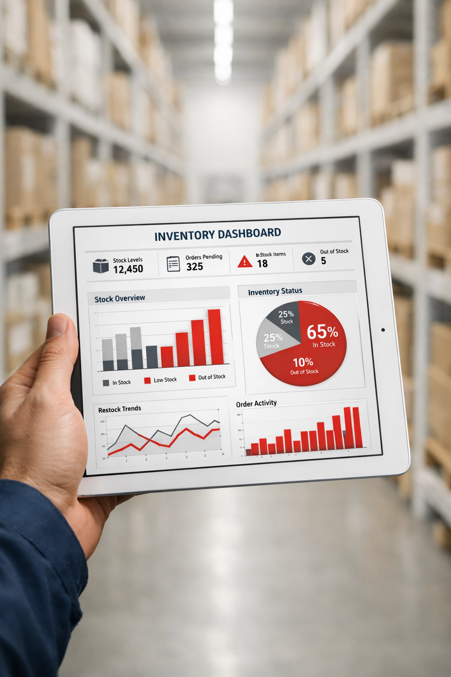 Warehouse worker in Hertford checking real-time inventory levels on a digital tablet dashboard.