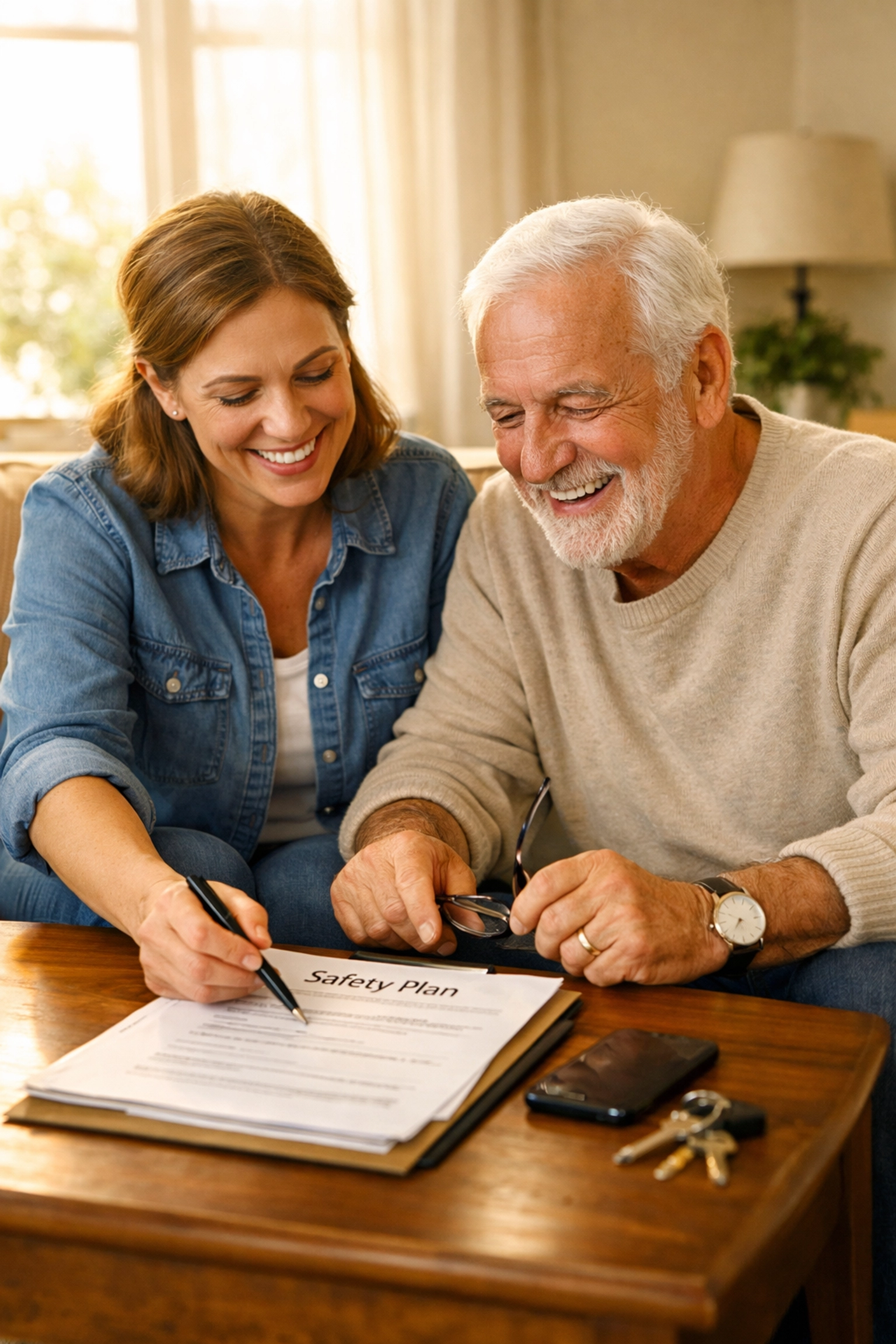 Caregiver and elderly father discussing a fall prevention action plan in a brightly lit home.