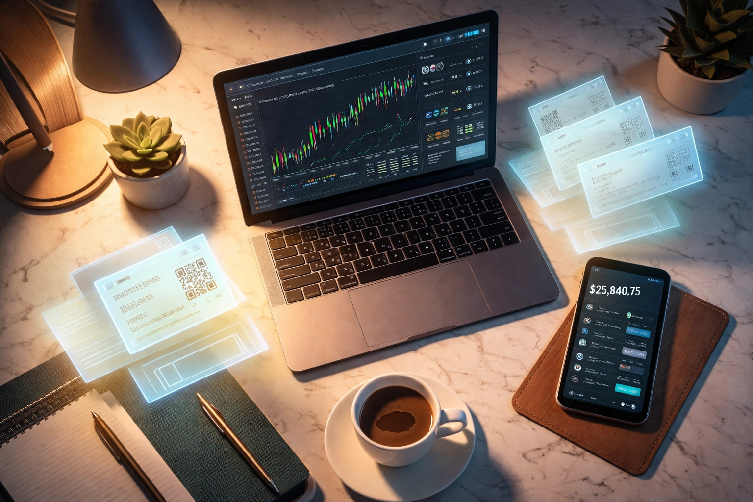 Modern home office desk with crypto charts and digital receipts highlights efficient NFT accounting and stablecoin record-keeping.