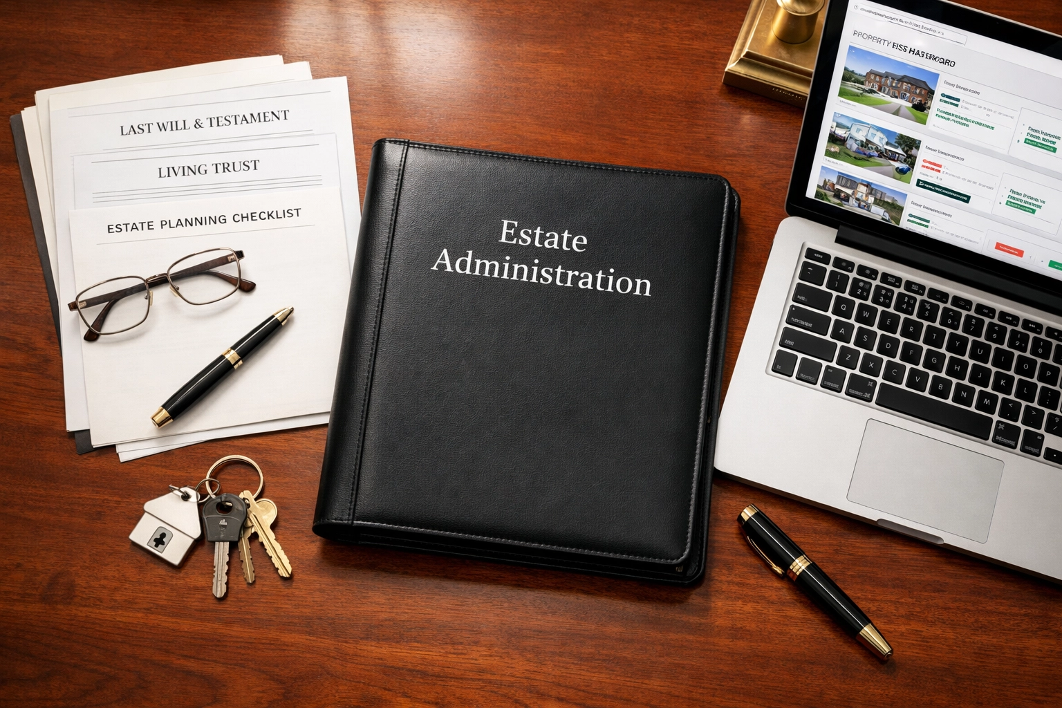 Executor's desk with estate documents and house keys for Las Vegas probate real estate sale