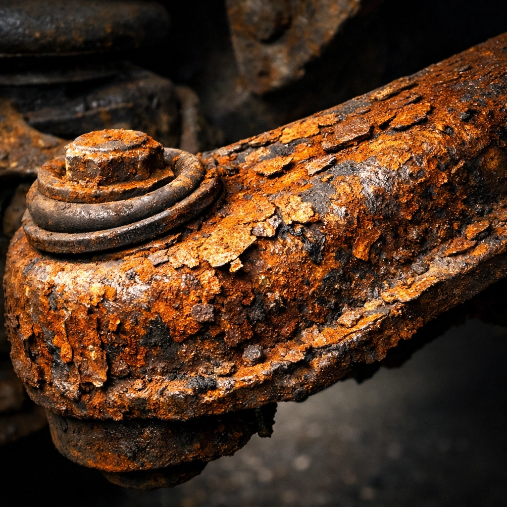 Rusted truck suspension component showing corrosion damage needing powder coating repair