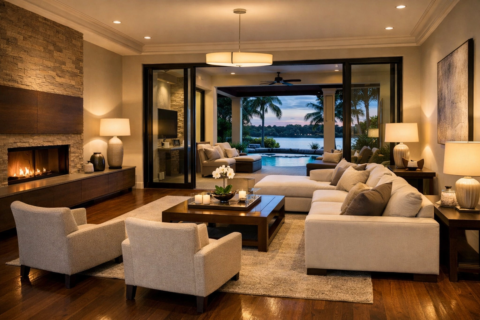 Elegant Orlando living room renovation with hardwood flooring and sophisticated modern furnishings.