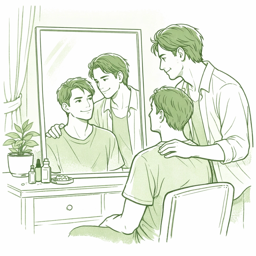 Two men sharing a supportive moment of self-discovery, a common theme in heartwarming MM romance novels.