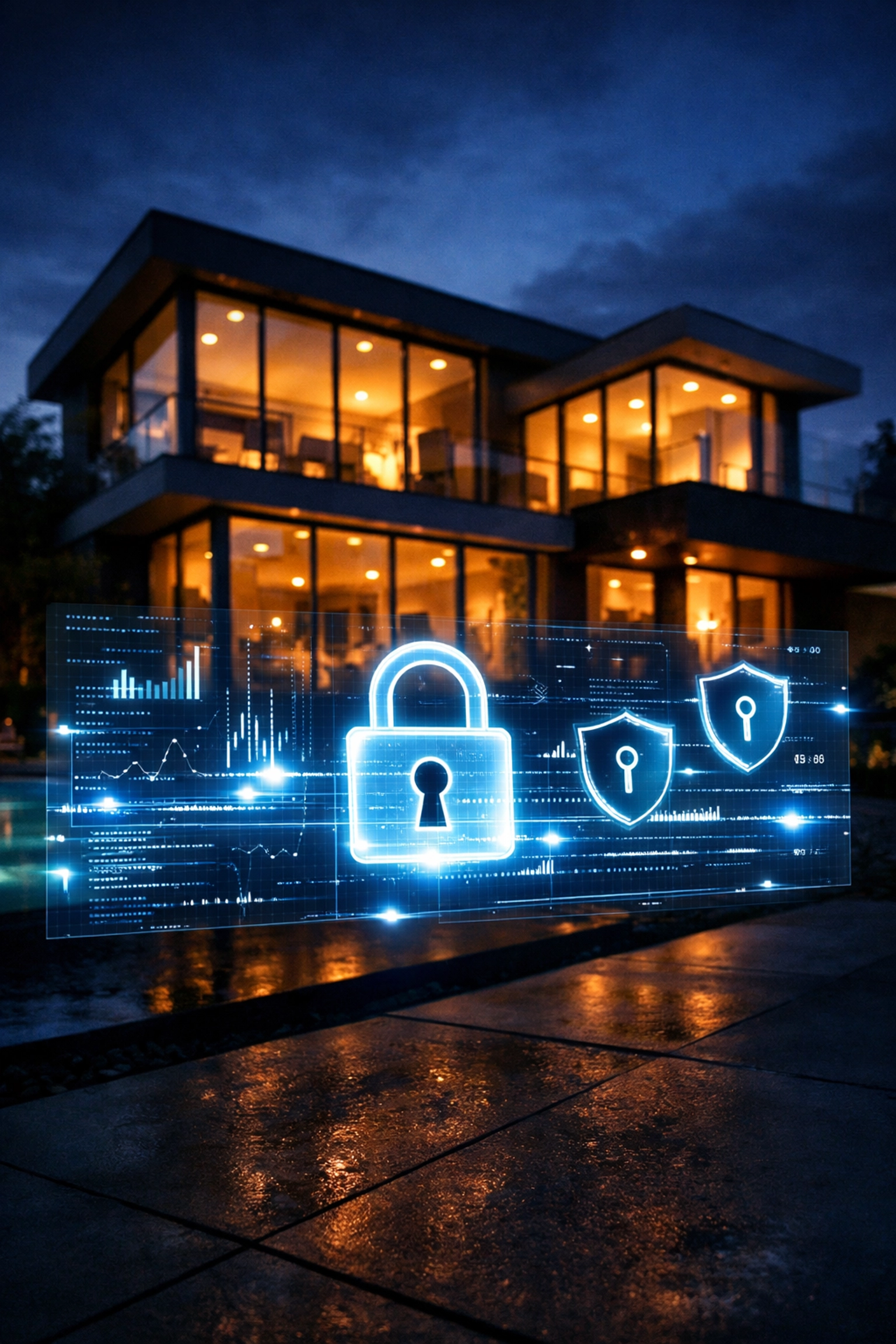 Luxury home with digital security interface showing cyber threats to high net worth properties
