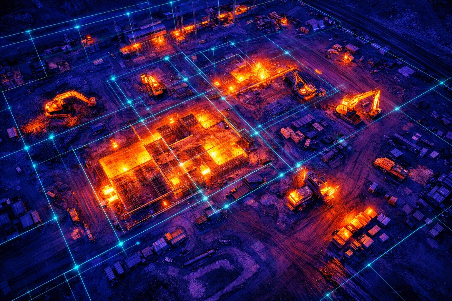 Aerial thermal drone imaging showing heat signatures at a construction site for predictive maintenance.