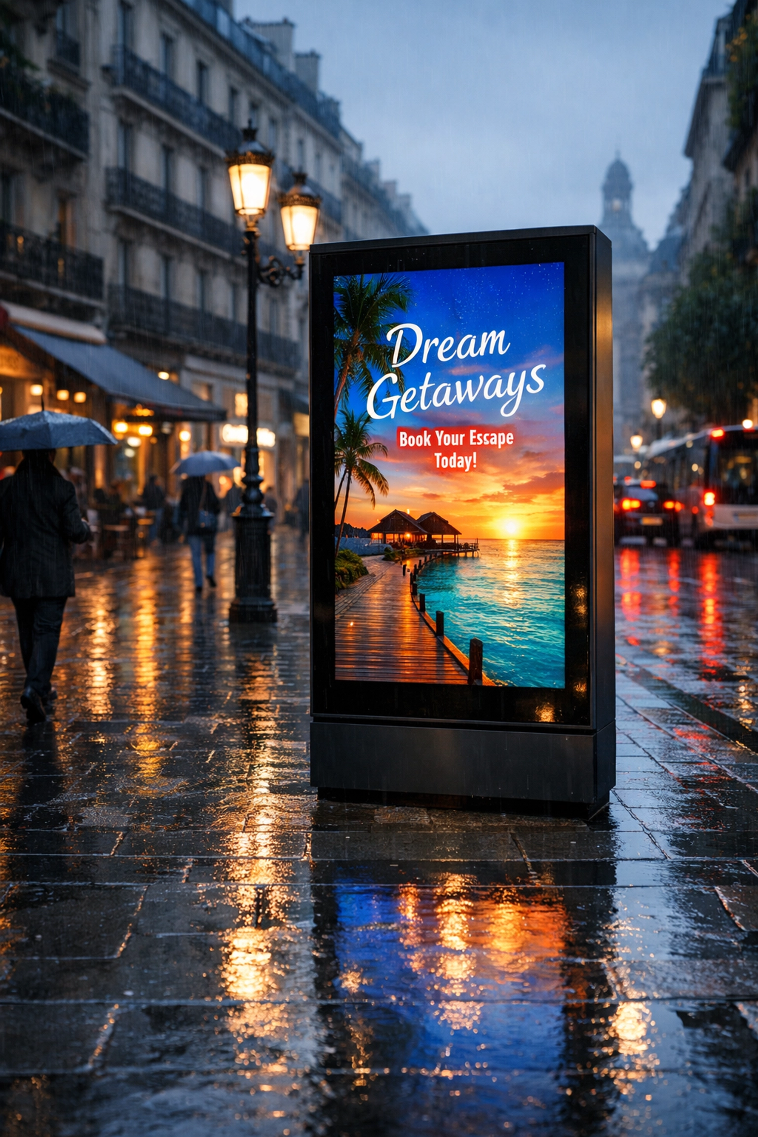 Weather-triggered digital advertising kiosk on a rainy urban street showing responsive DOOH marketing.