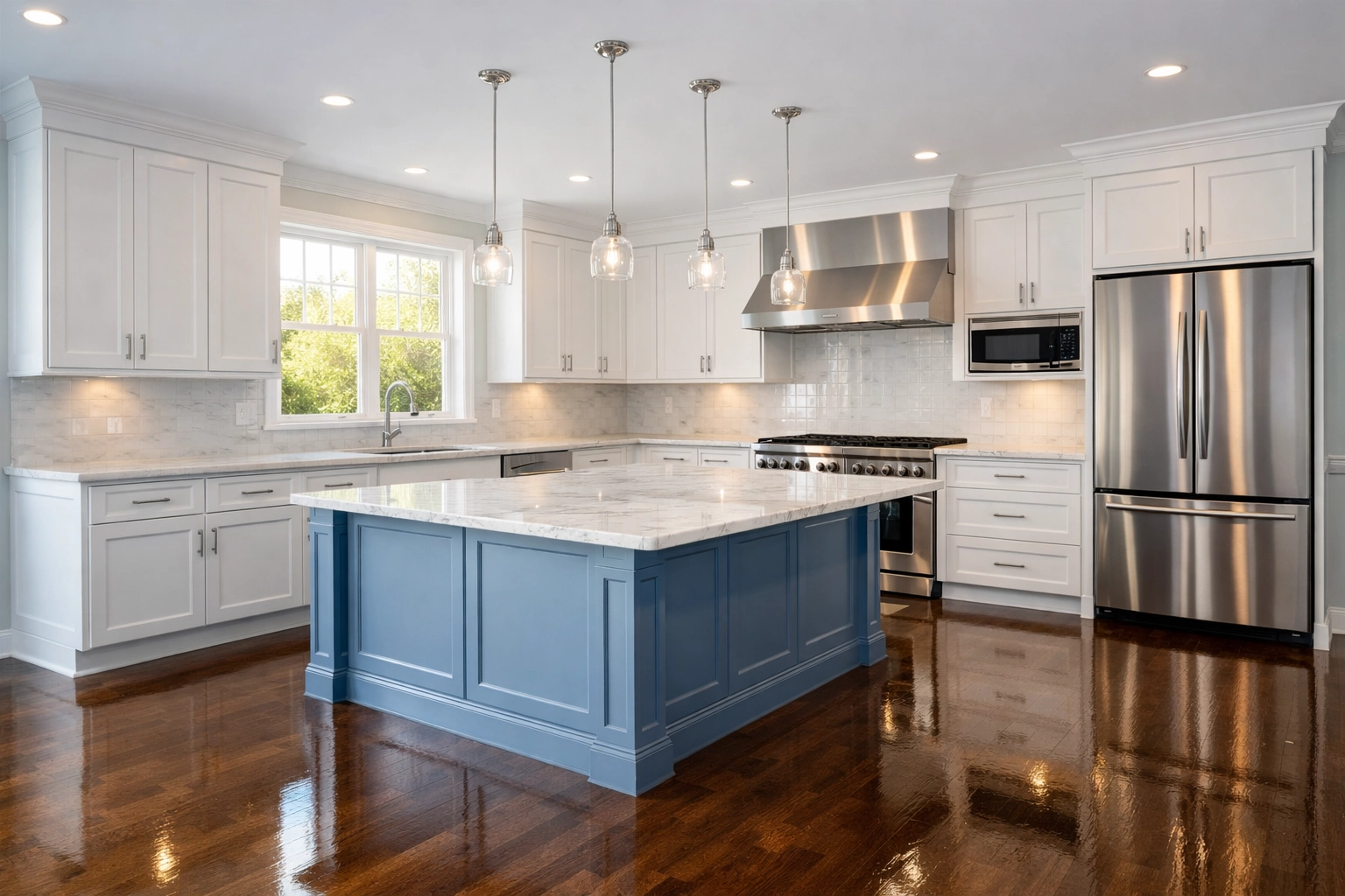 Spotless kitchen with white marble countertops after a professional move-out house cleaning Shirley MA.