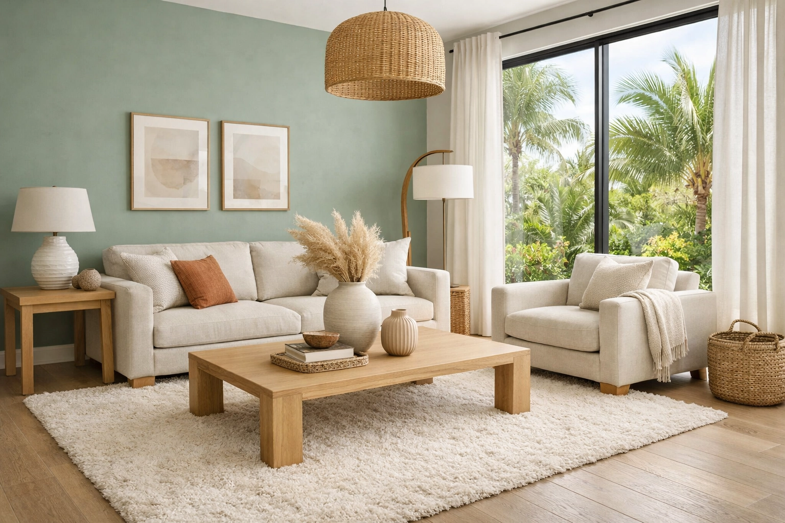 Warm home remodeling Orlando living space with a sage green accent wall and natural floor-to-ceiling light.