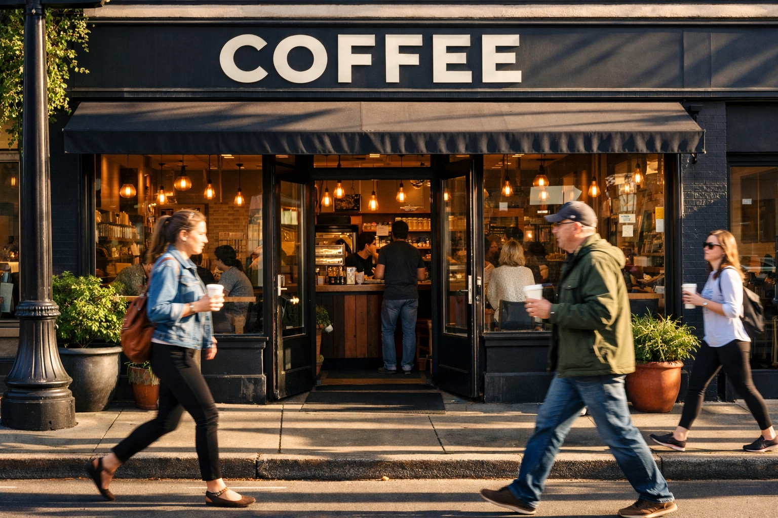 Busy coffee shop storefront with customers and foot traffic on urban street