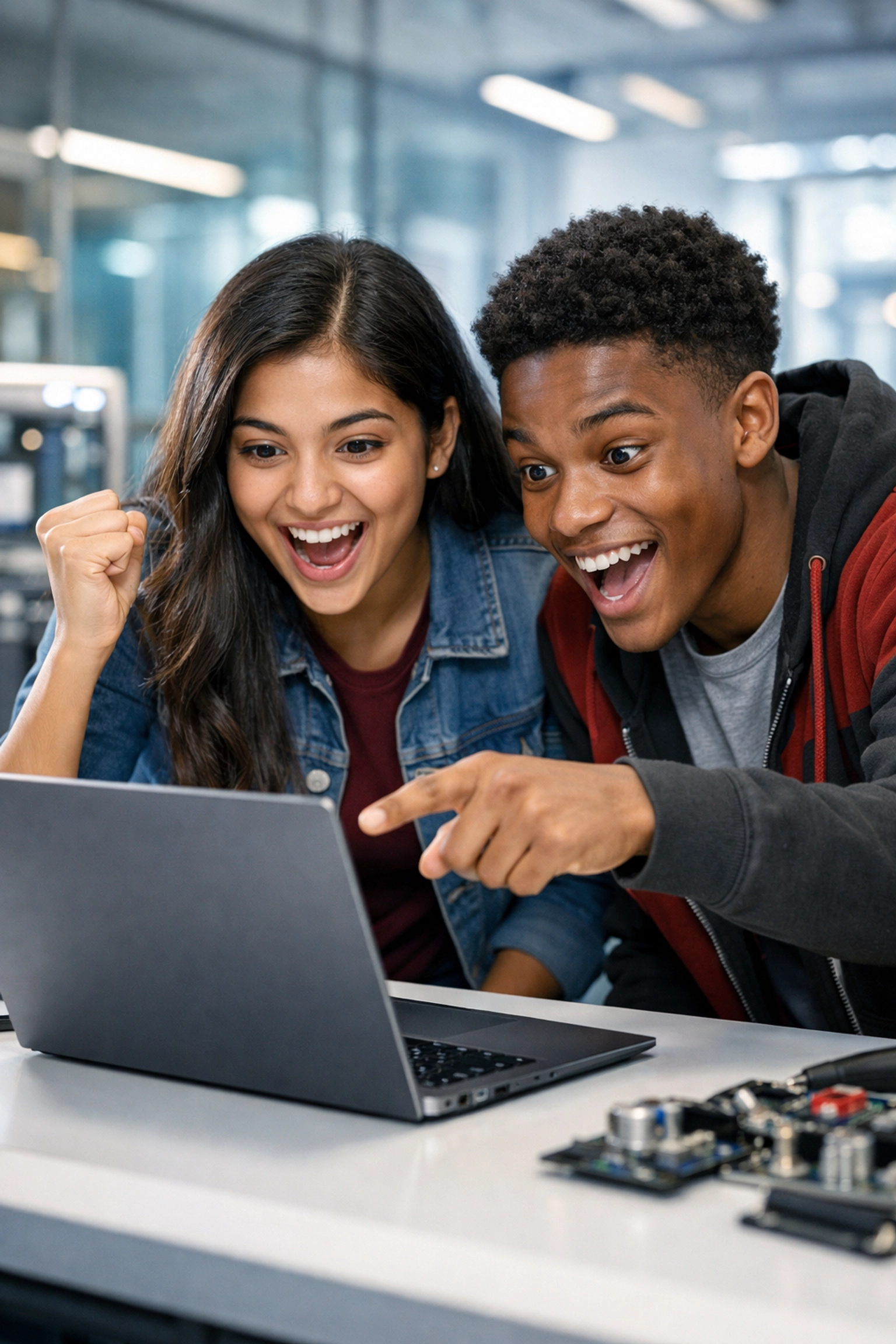 High school students collaborating on a laptop in a tech lab to develop data analytics skills.