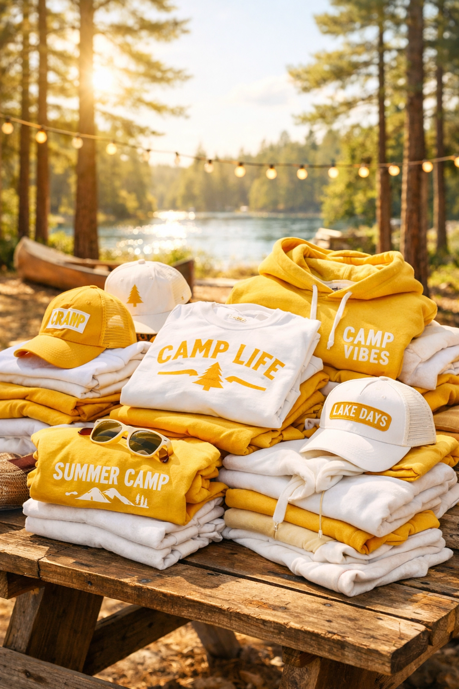 A collection of custom summer camp t-shirts and staff shirts displayed outdoors at a sunny lakeside camp.