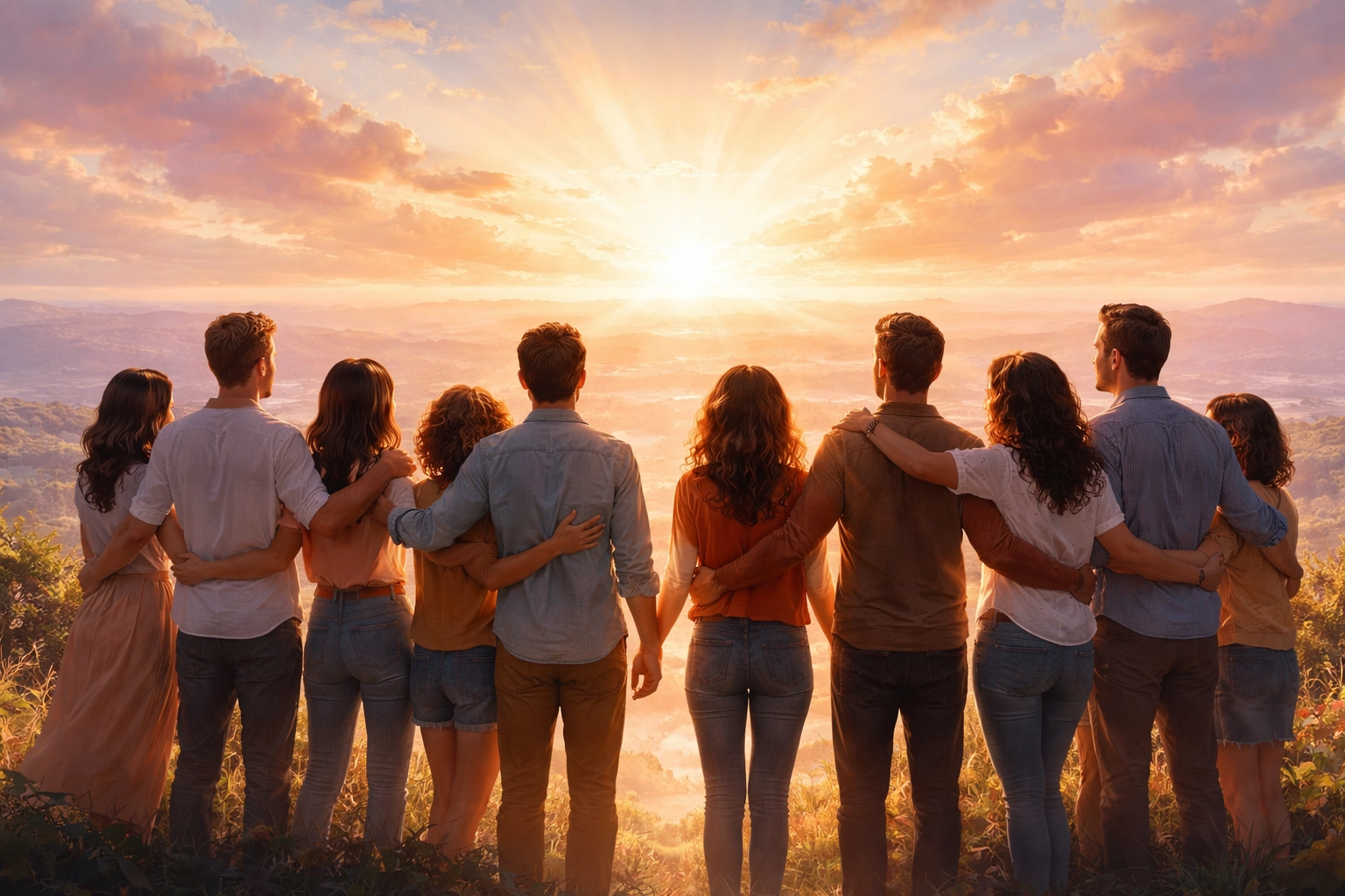 Diverse group looking toward a radiant sunrise, symbolizing hope and unity in Christ's promised return.