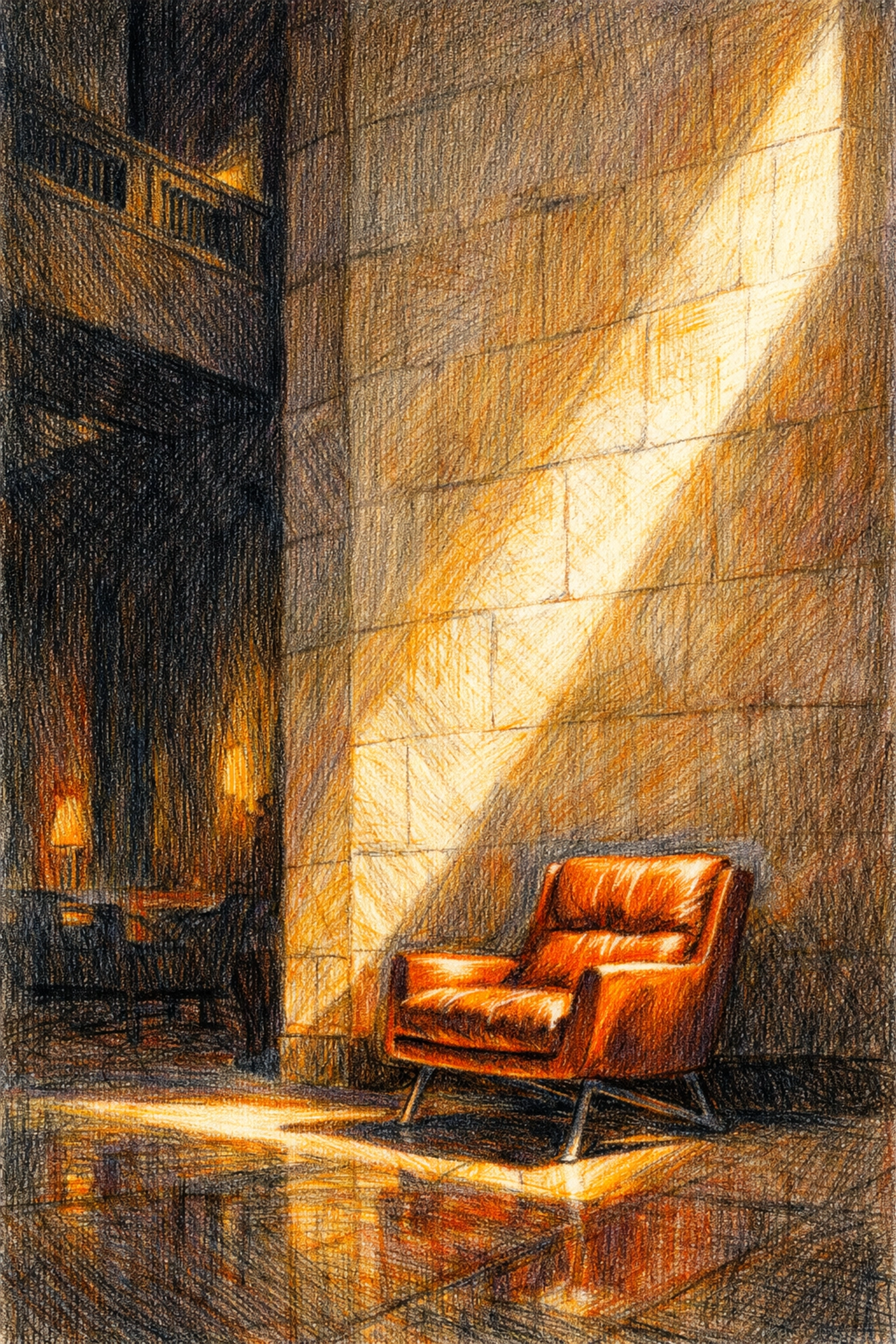 Dramatic lighting in a luxury hotel lobby with a leather chair, focusing on the guest experience and atmosphere.