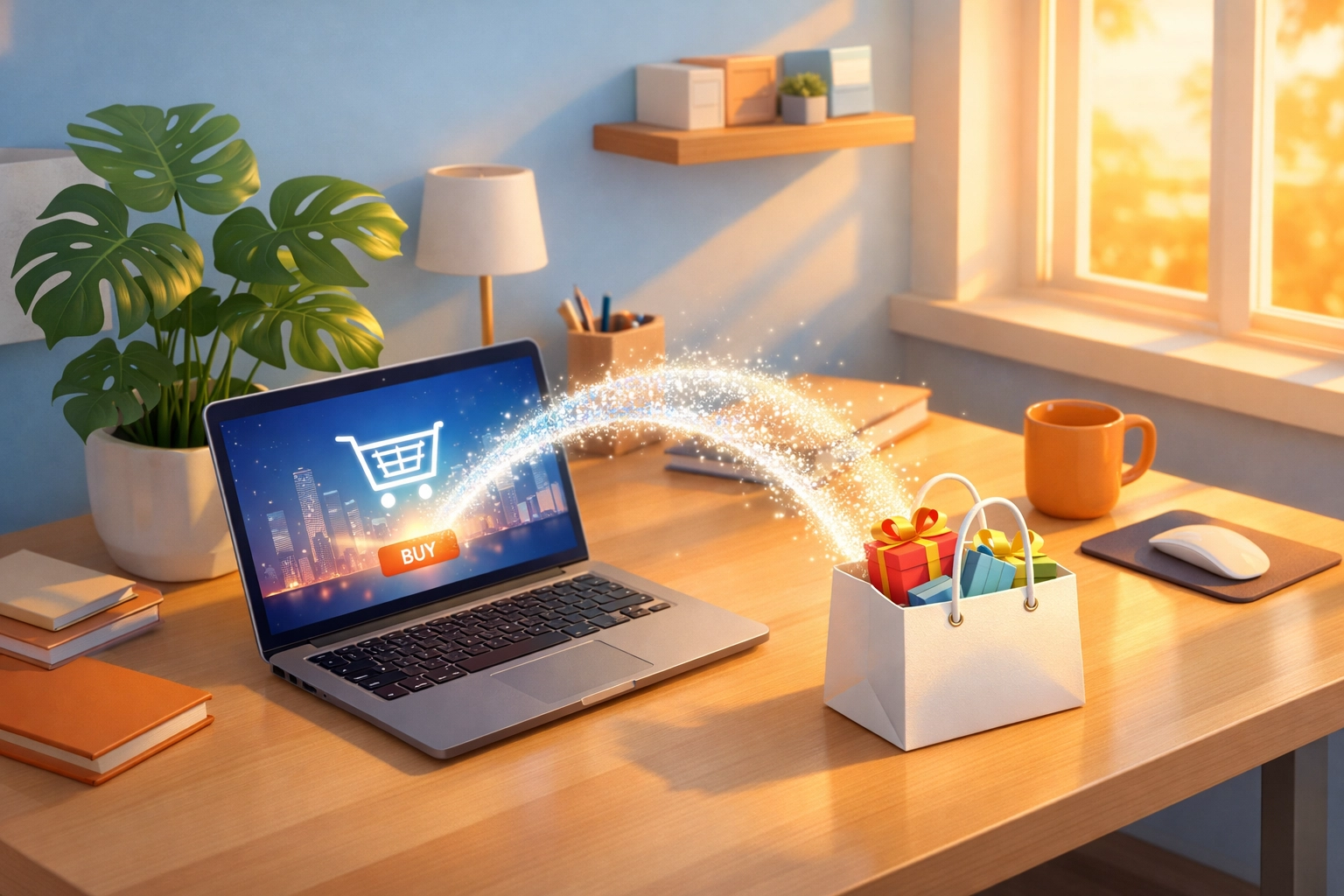 Digital connection between a laptop and products representing affiliate marketing success.