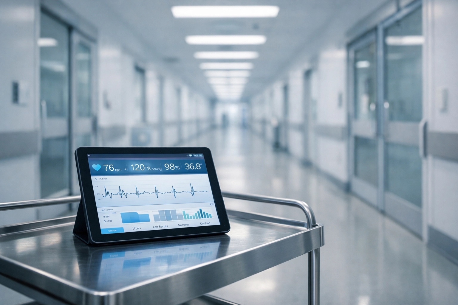 Medical tablet displaying data in a hospital hallway, representing the limits of digital transformation in healthcare.