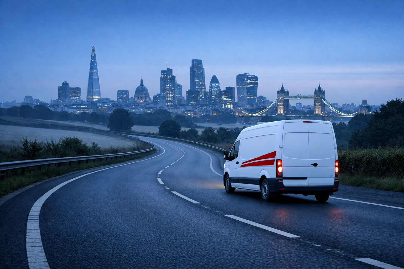 Delivery van traveling toward London, showcasing efficient Hertford storage and logistics for local Enfield businesses.