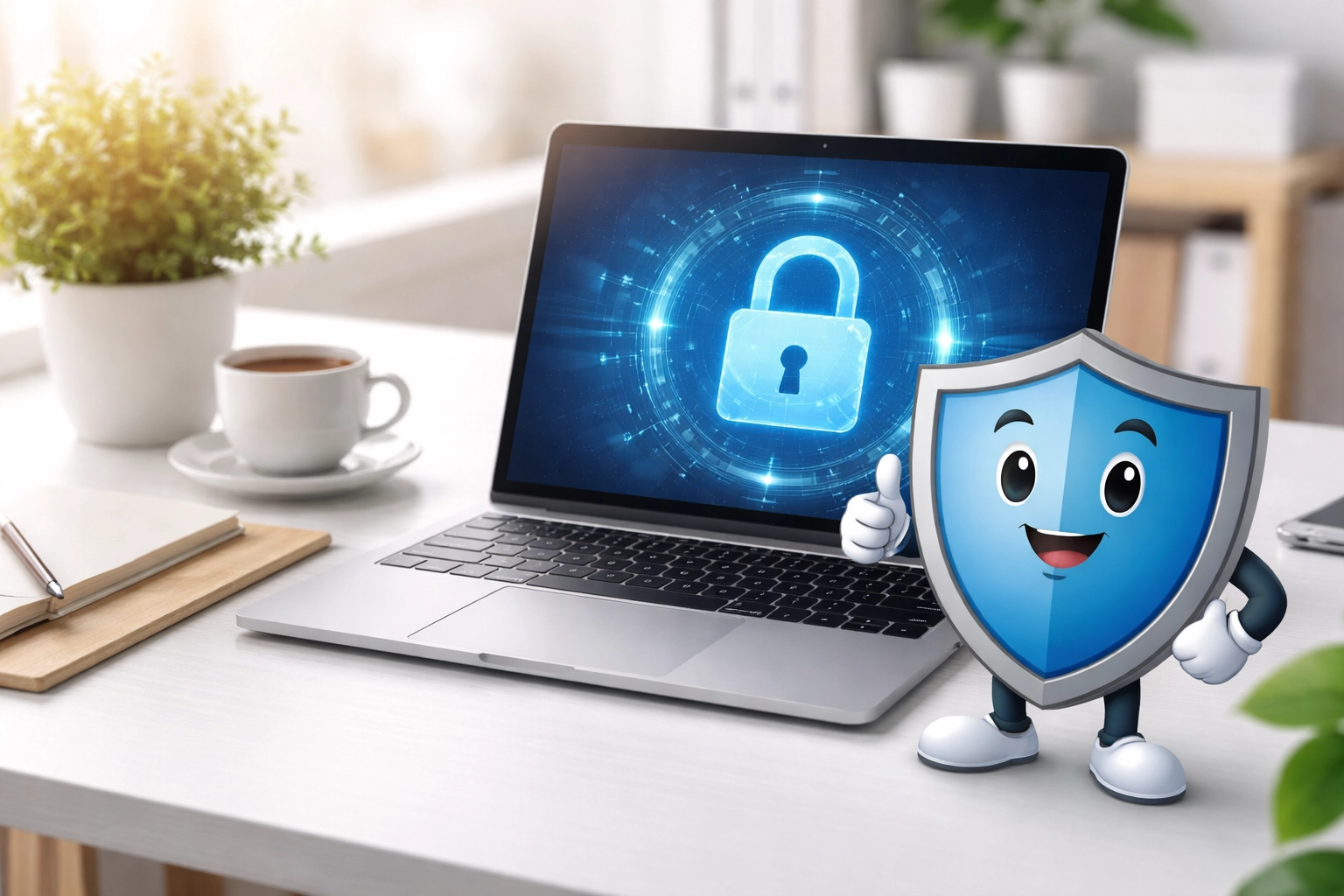 Small business office workspace with secure laptop and shield, illustrating ISO 27001 information security