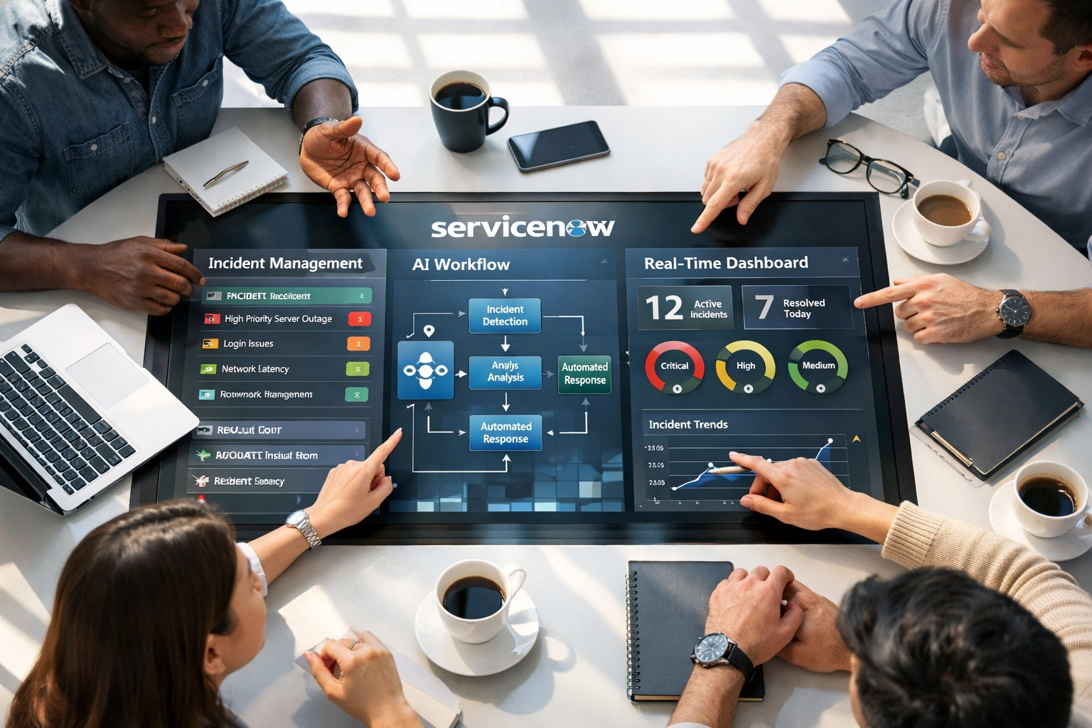 IT team collaborating on ServiceNow ITOM and ITAM workflows with Agentic AI integration at touchscreen table