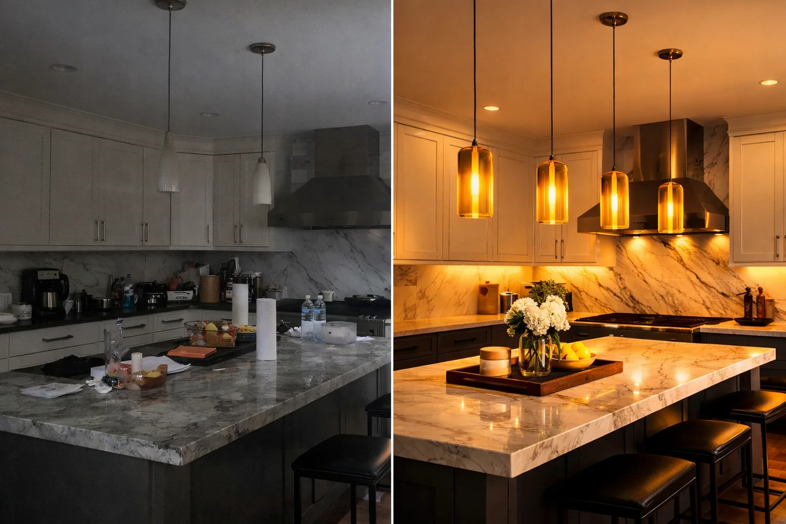 Before and after comparison showing amateur versus professional real estate photography quality