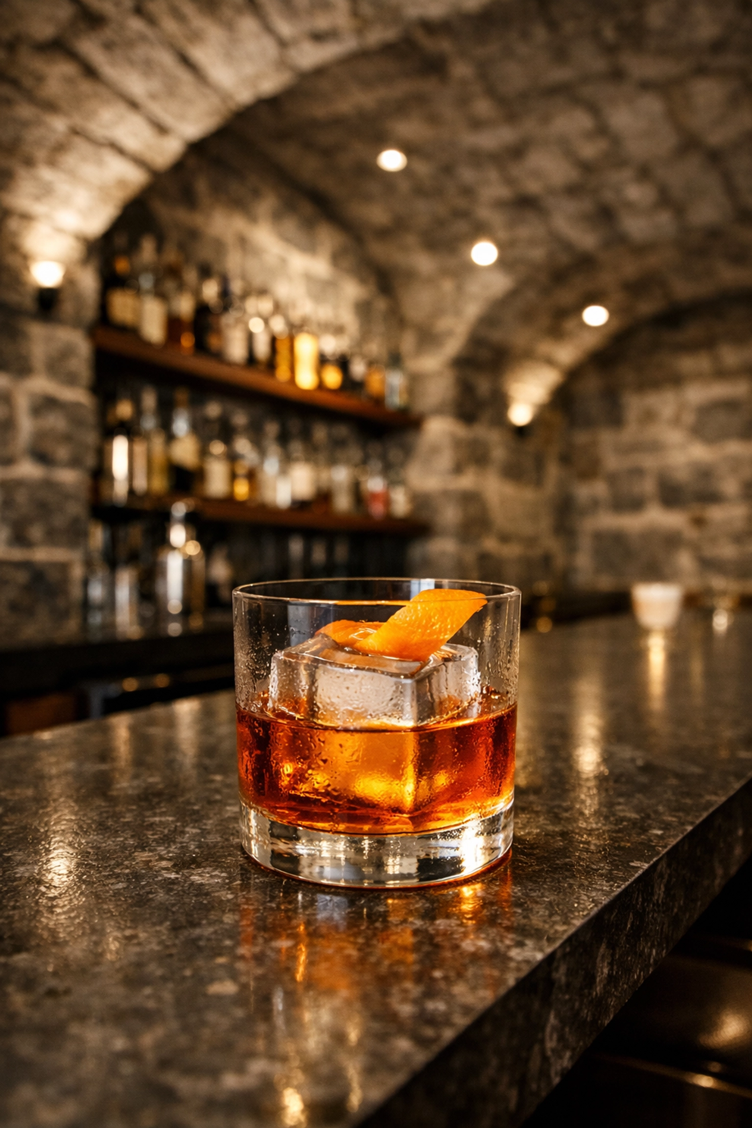 Old Fashioned cocktail in a historic stone-walled speakeasy in Montreal's Plateau.