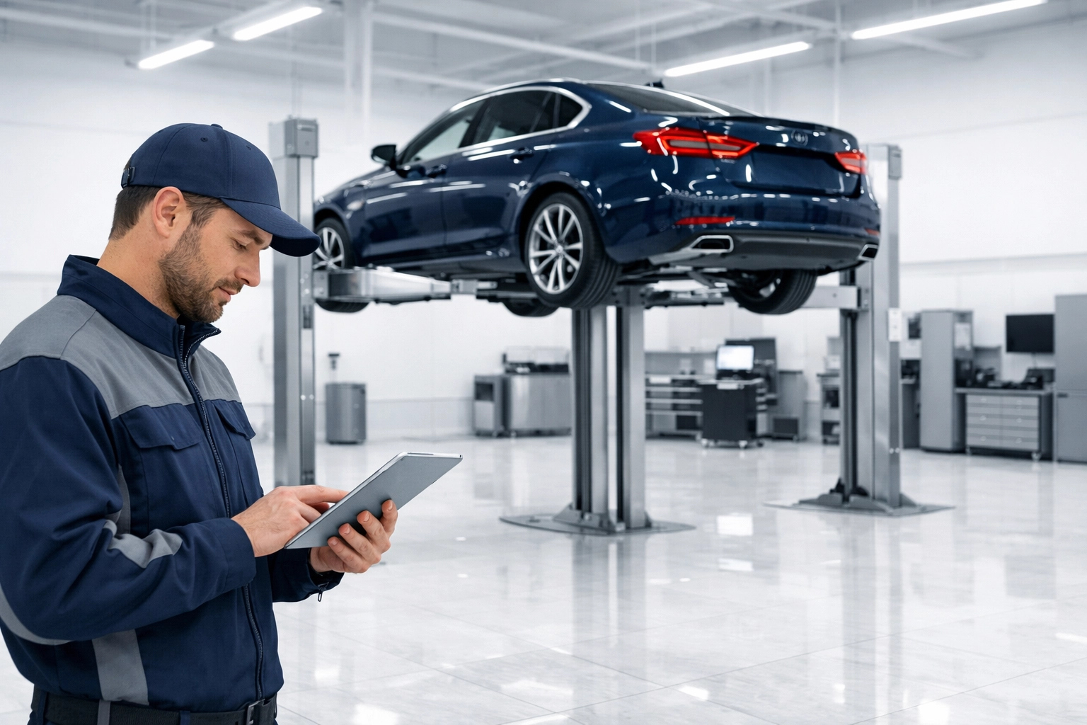 Automotive technician using a tablet in a modern workshop to manage repairs and reduce vehicle downtime.