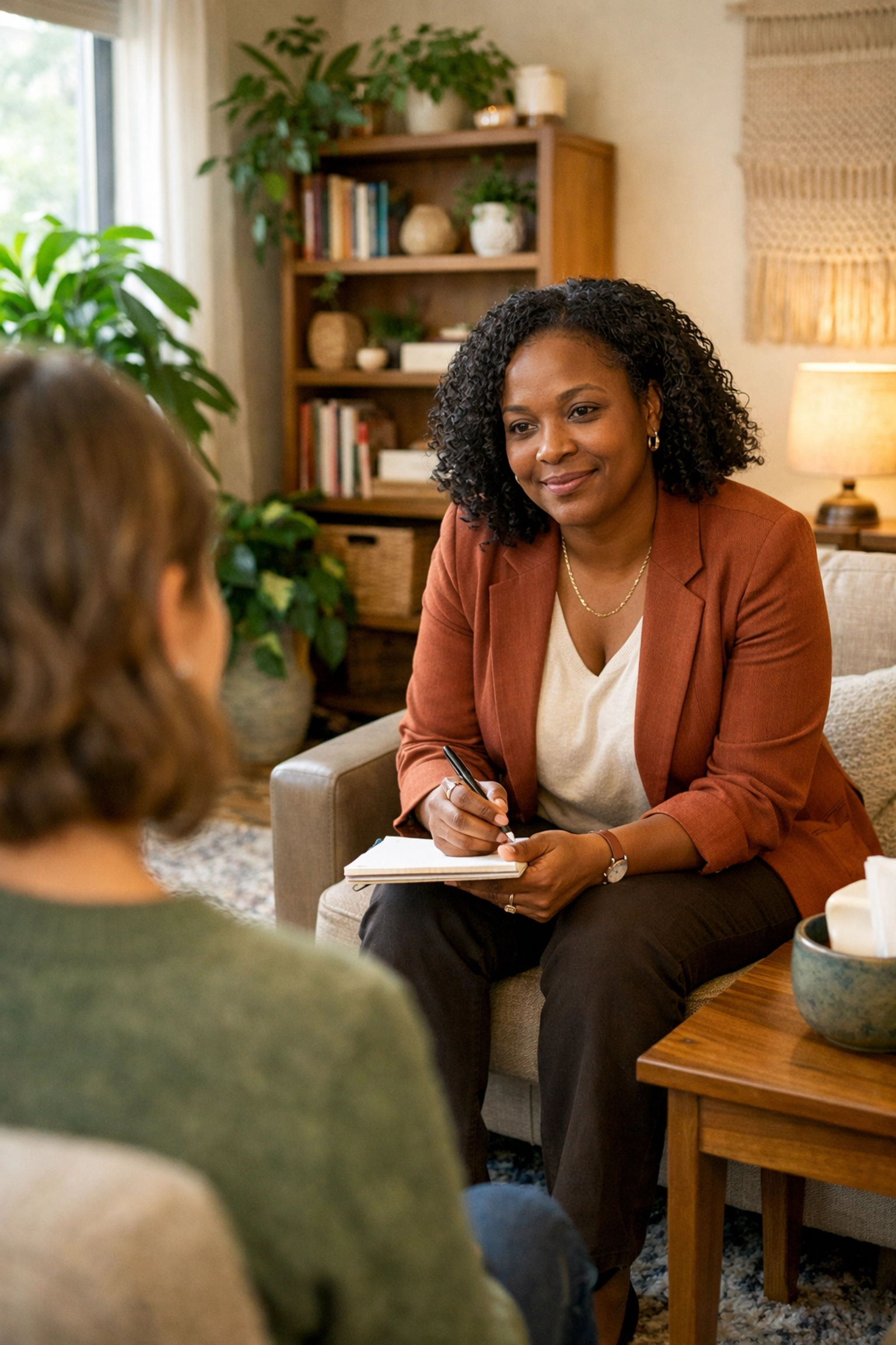 A professional counselor providing mental health support in a welcoming, culturally representative office.
