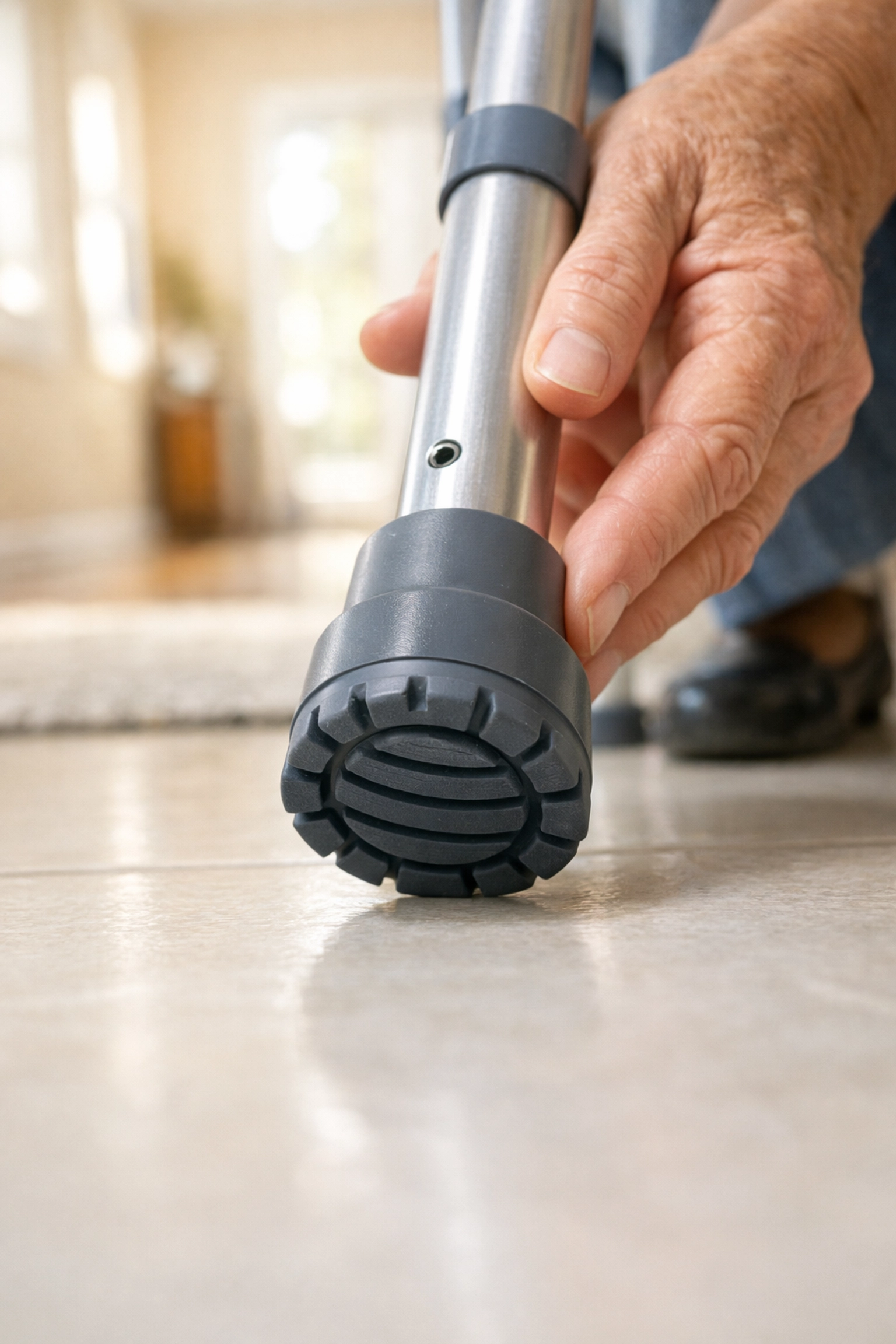 Inspecting a durable non-slip rubber tip on a walker leg for fall prevention on home floors.