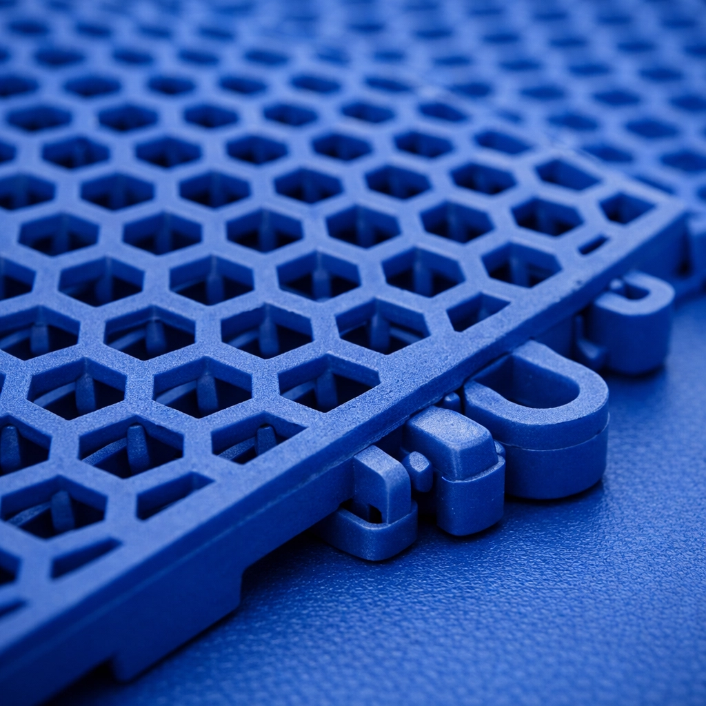 Close-up of interlocking PP sports tiles showing the perforated drainage grid and locking mechanism.