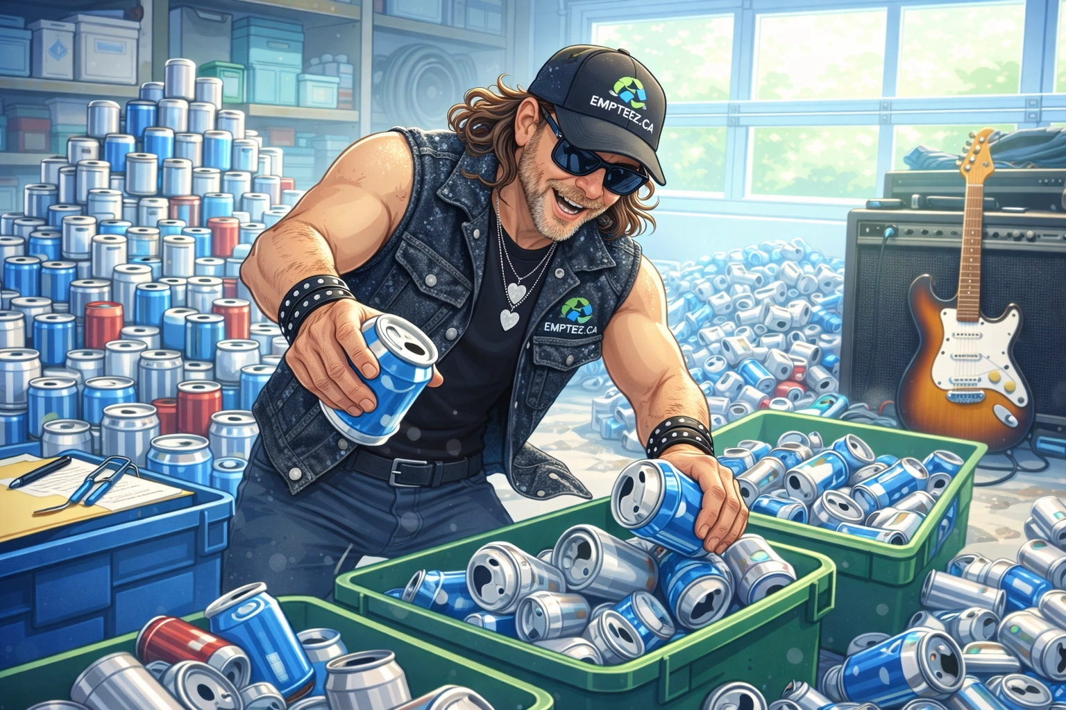 Garage filled with aluminum cans and guitar showing Jack Calder's recycling journey beginnings