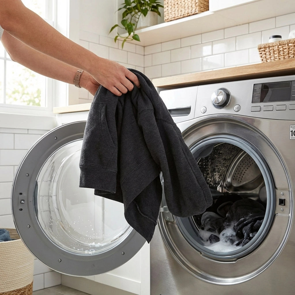 Machine washable sensory hoodie being washed, showing daily practicality