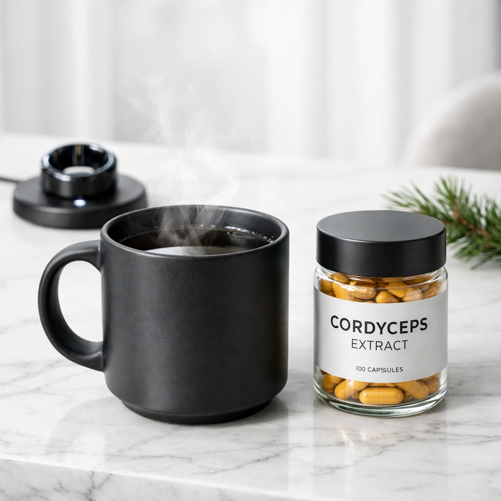 Morning wellness routine featuring Reishi tea and Cordyceps capsules for immunity and recovery.