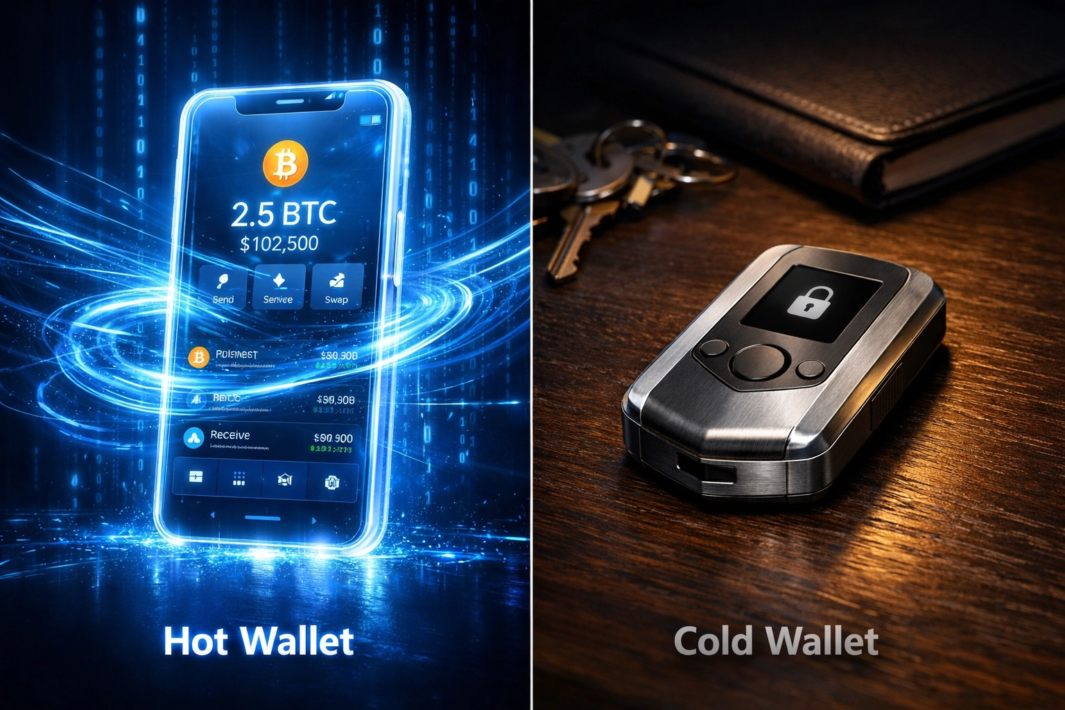 Visual comparison of a software hot wallet on a phone and a secure hardware cold wallet.
