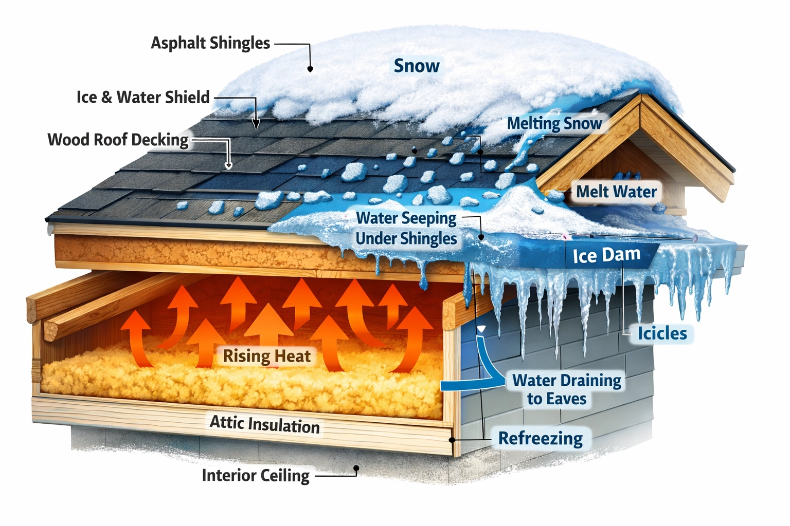 Roof cross-section showing ice dam formation from snow melt and heat loss in attic