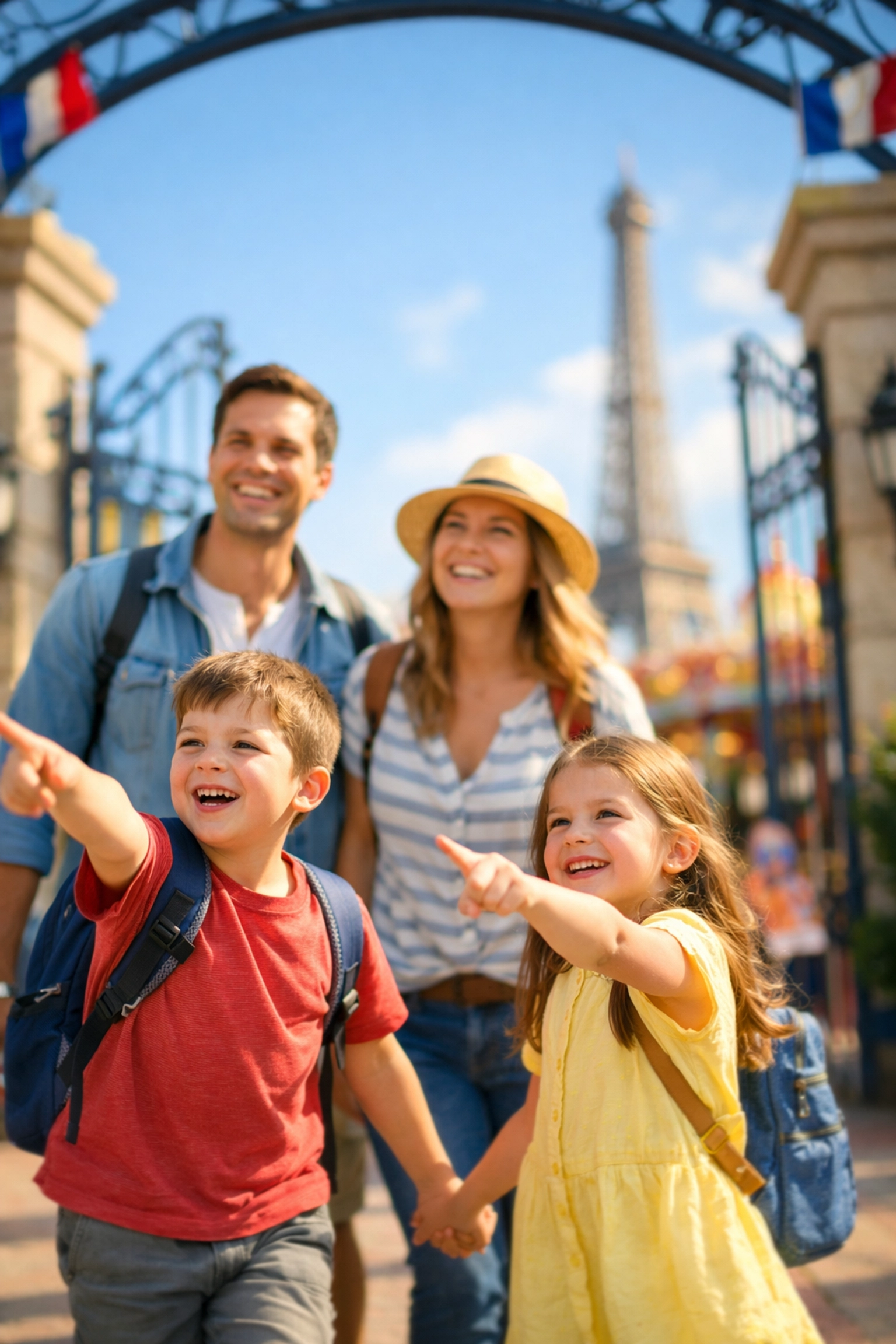 Famille heureuse à l'entrée d'un parc d'attractions - Réductions CPDM sur Disneyland et Europa-Park