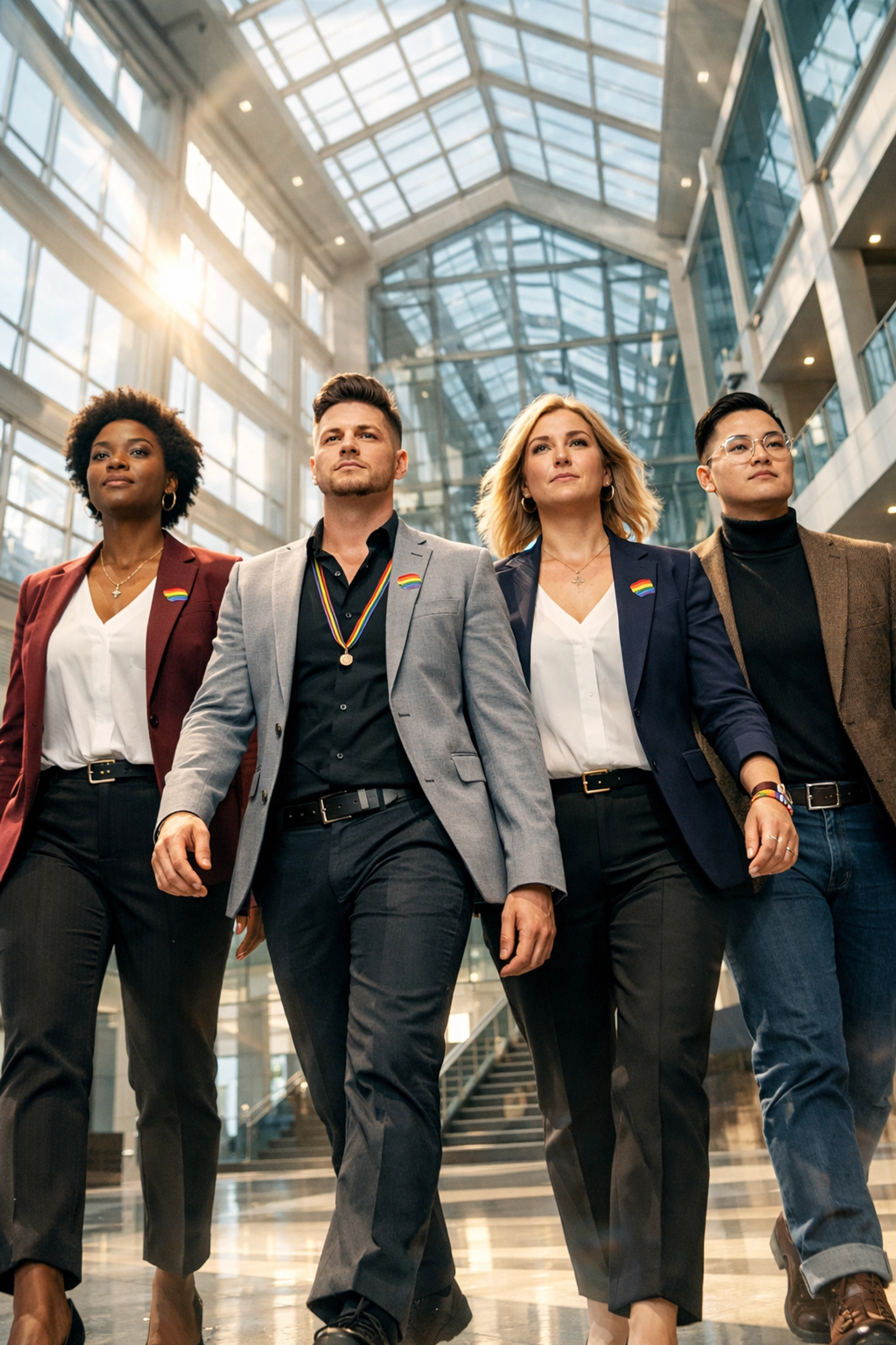 A diverse team of LGBTQ+ professionals walking through a corporate office to inspire systemic workplace change.