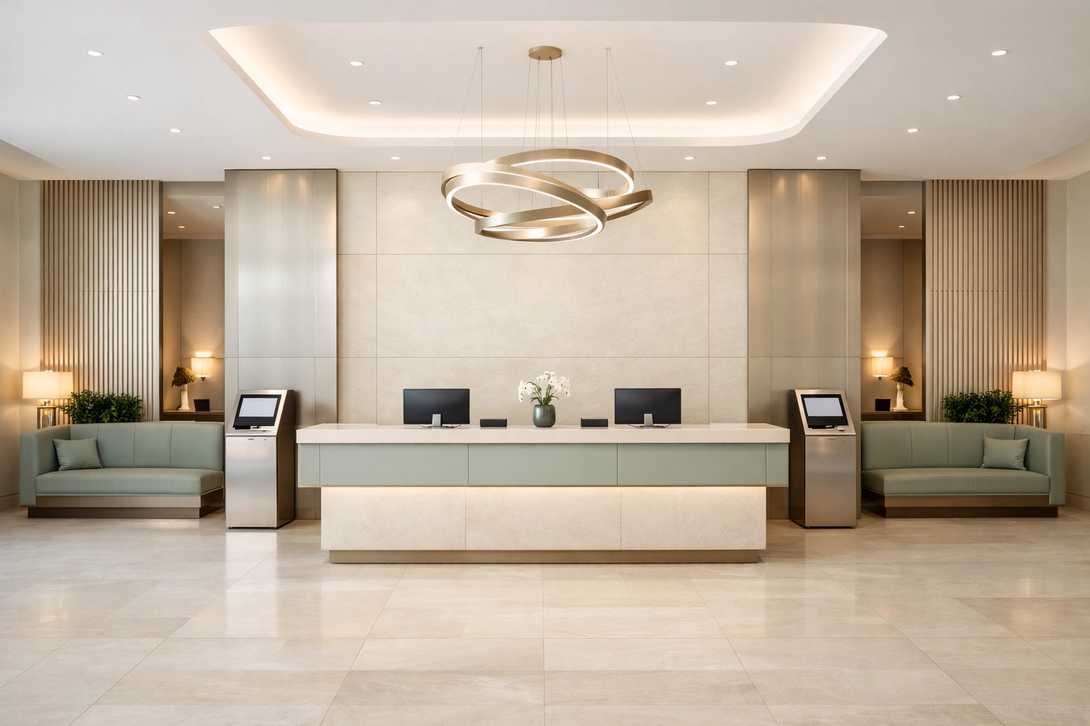 Modern, innovative hotel reception area showcasing seamless hospitality technology and design.