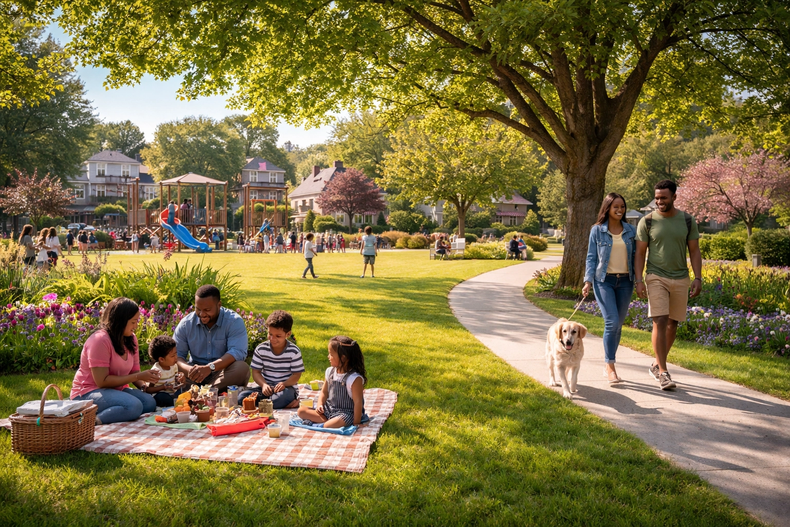 Families enjoying a sunny day at a Riverside NJ community park with playgrounds, walking paths, and picnic areas.