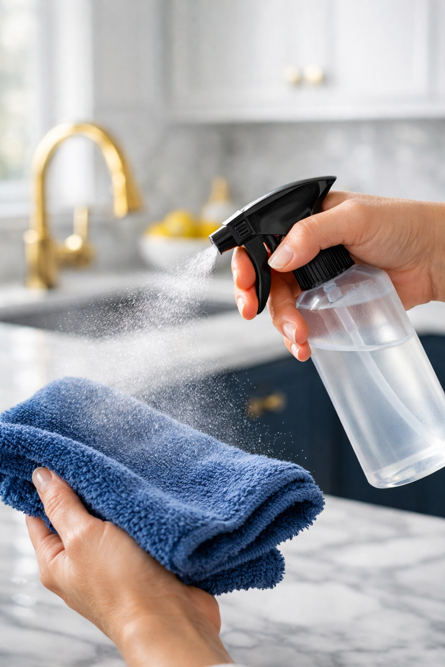 Professional hand spraying cleaning solution onto a microfiber cloth for house cleaning Worcester MA.