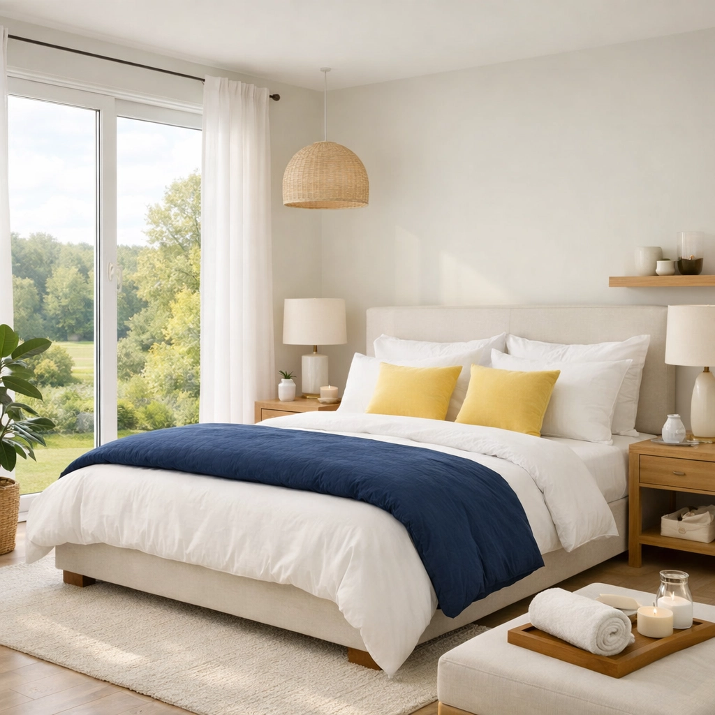 A clutter-free, luxurious bedroom in Weston, MA, maintained with professional bi-weekly house cleaning.