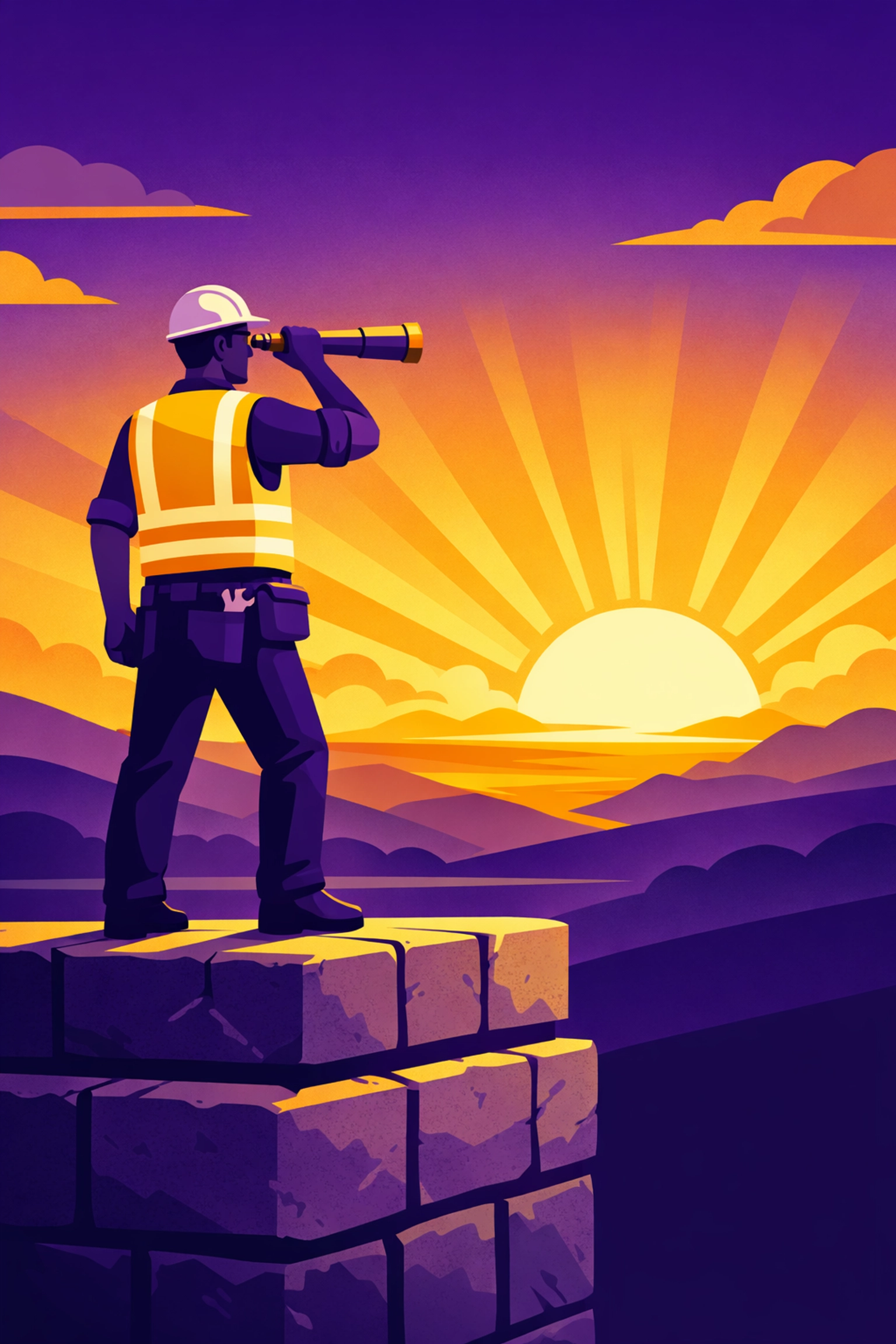 Professional in a work vest with a telescope symbolizing long-term financial planning for trades.
