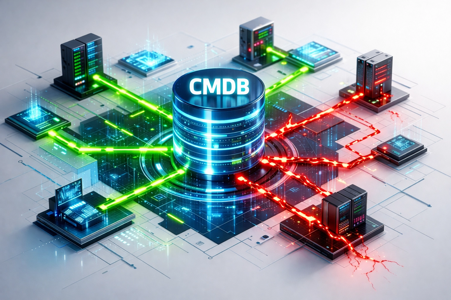 ServiceNow CMDB accuracy visualization showing healthy vs. failing data connections in ITOM implementation