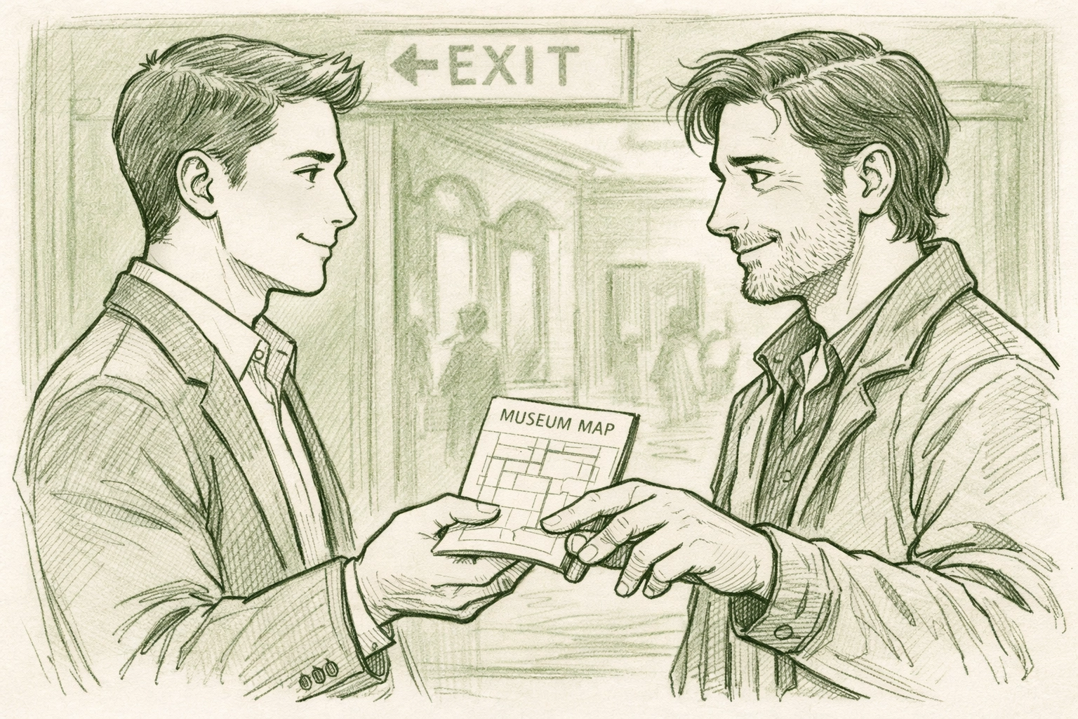 Two men exchanging contact information at museum exit - aftermath of museum hookup encounter