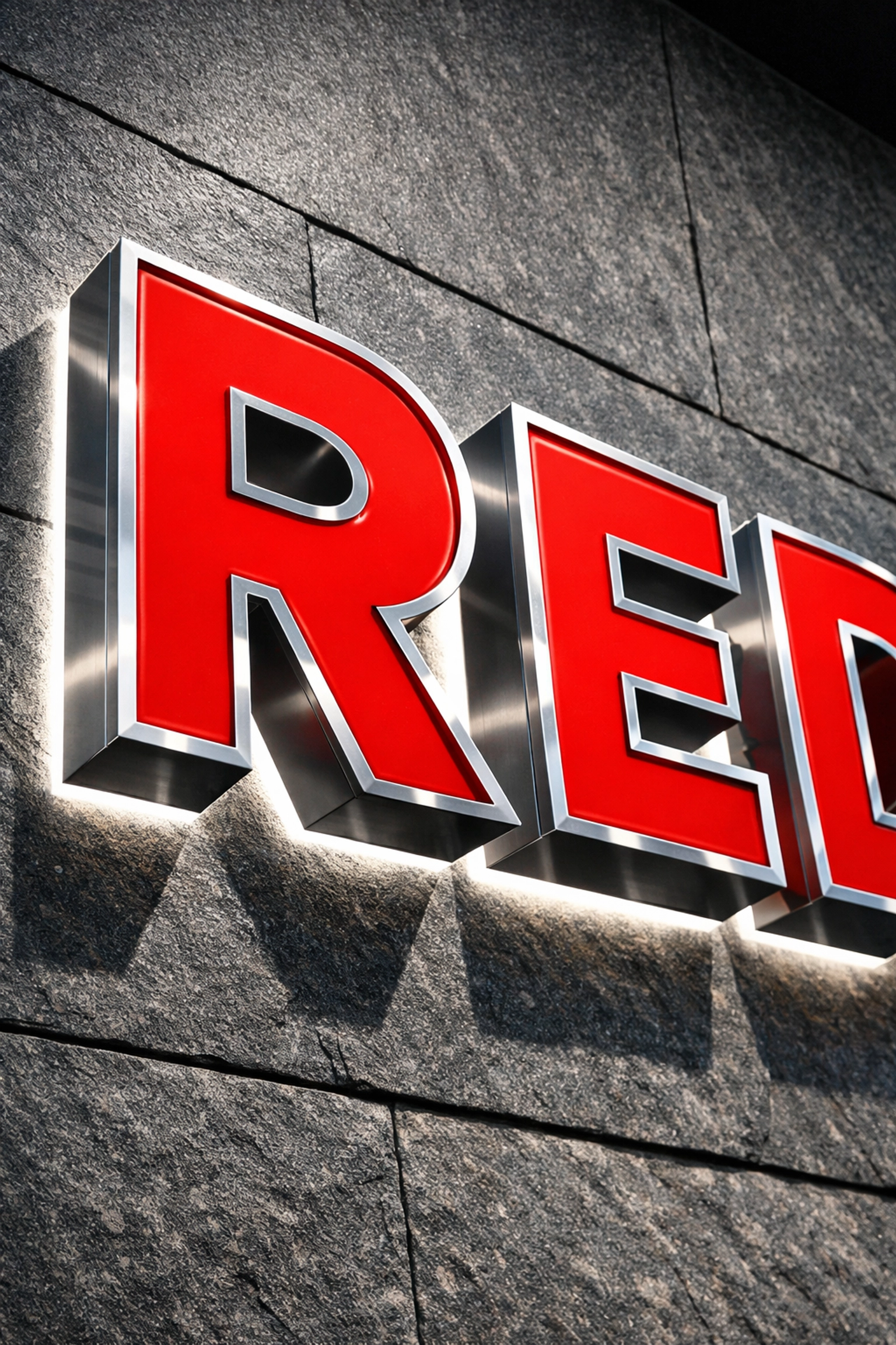 High-contrast red LED channel letters with halo lighting on a professional stone business wall.