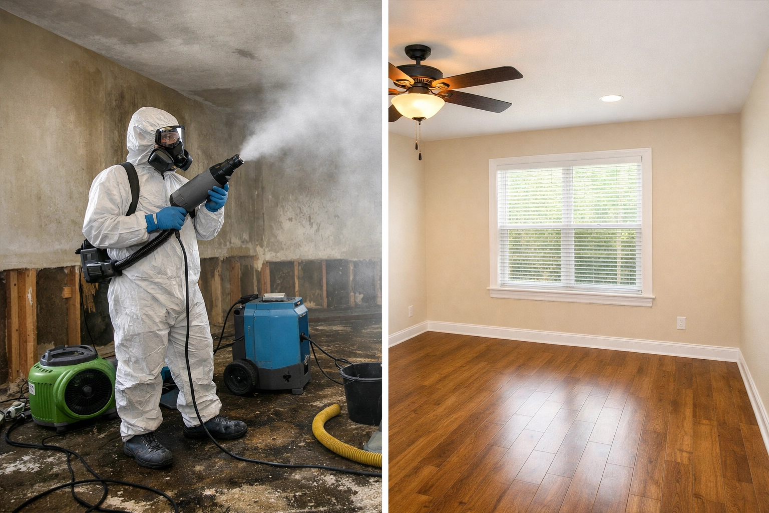 Before and after water damage restoration showing professional sanitization and cleaning results