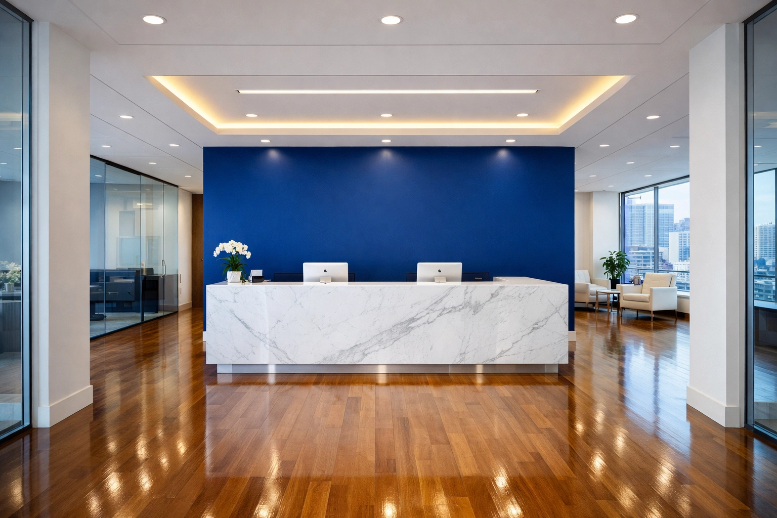 A spotless Boston corporate lobby and reception area maintained by professional commercial cleaning Boston services.