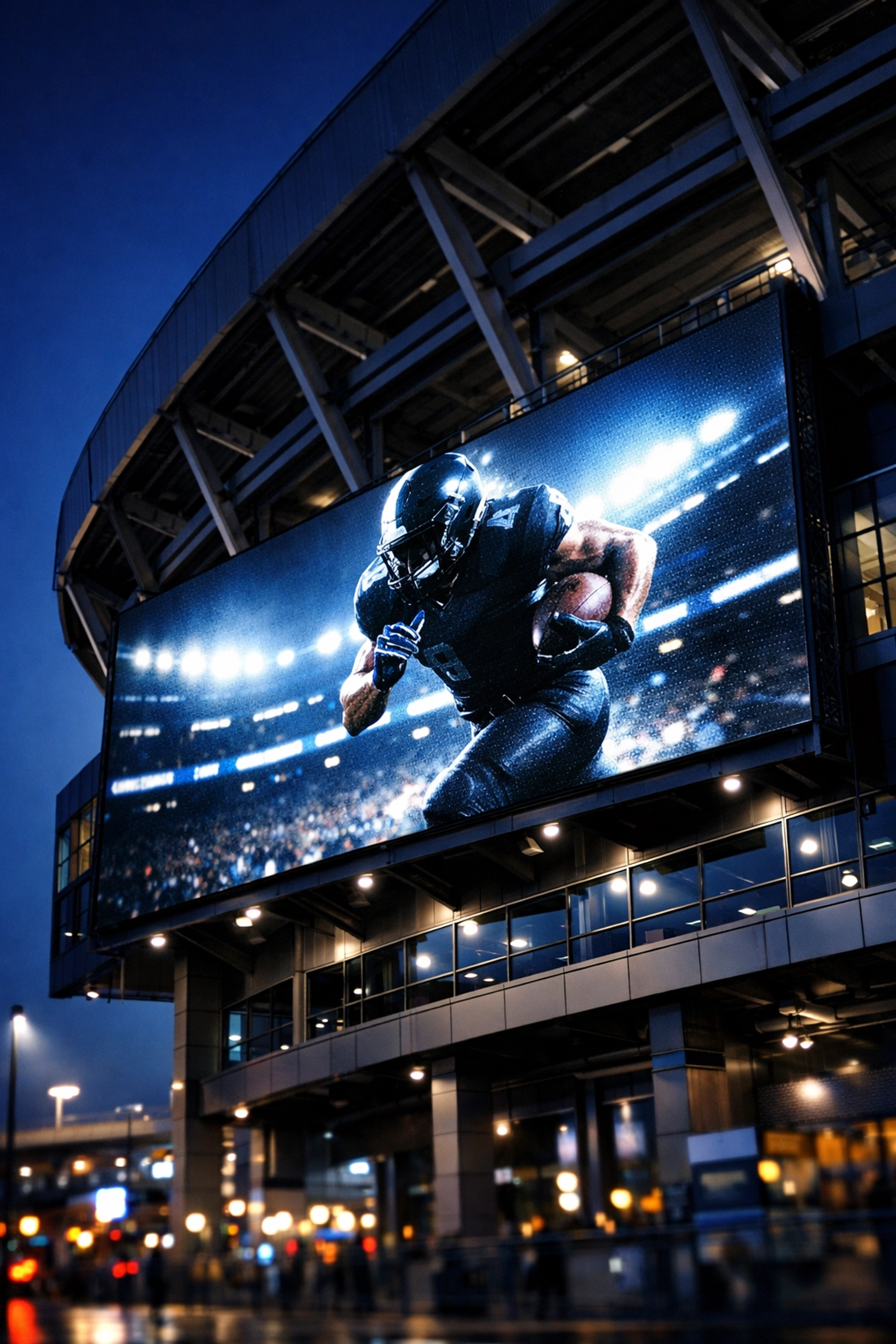 Modern sports stadium with large digital LED signage showcasing strategic branding by Dakdan Worldwide.