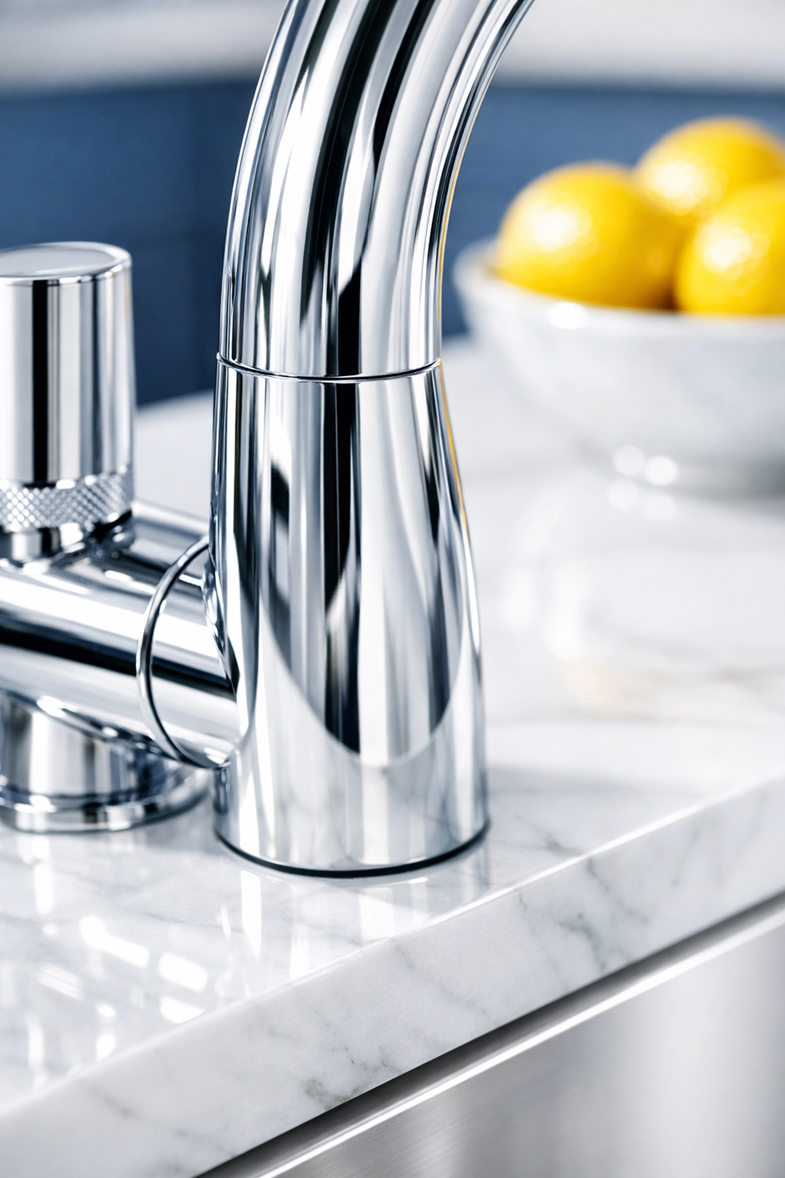 Sanitized chrome faucet and marble countertop cleaned by The Cleaning Ninjas for a germ-free home.