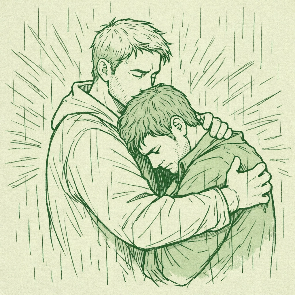 Two men embracing in emotional moment - angst and vulnerability in gay romance